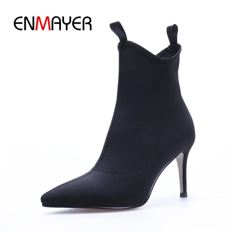 

ENMAYER New Arrival women pointed toe thin heel slip-on ankle boots lady solid fashion high heel boots Size 34-39 ZYL794