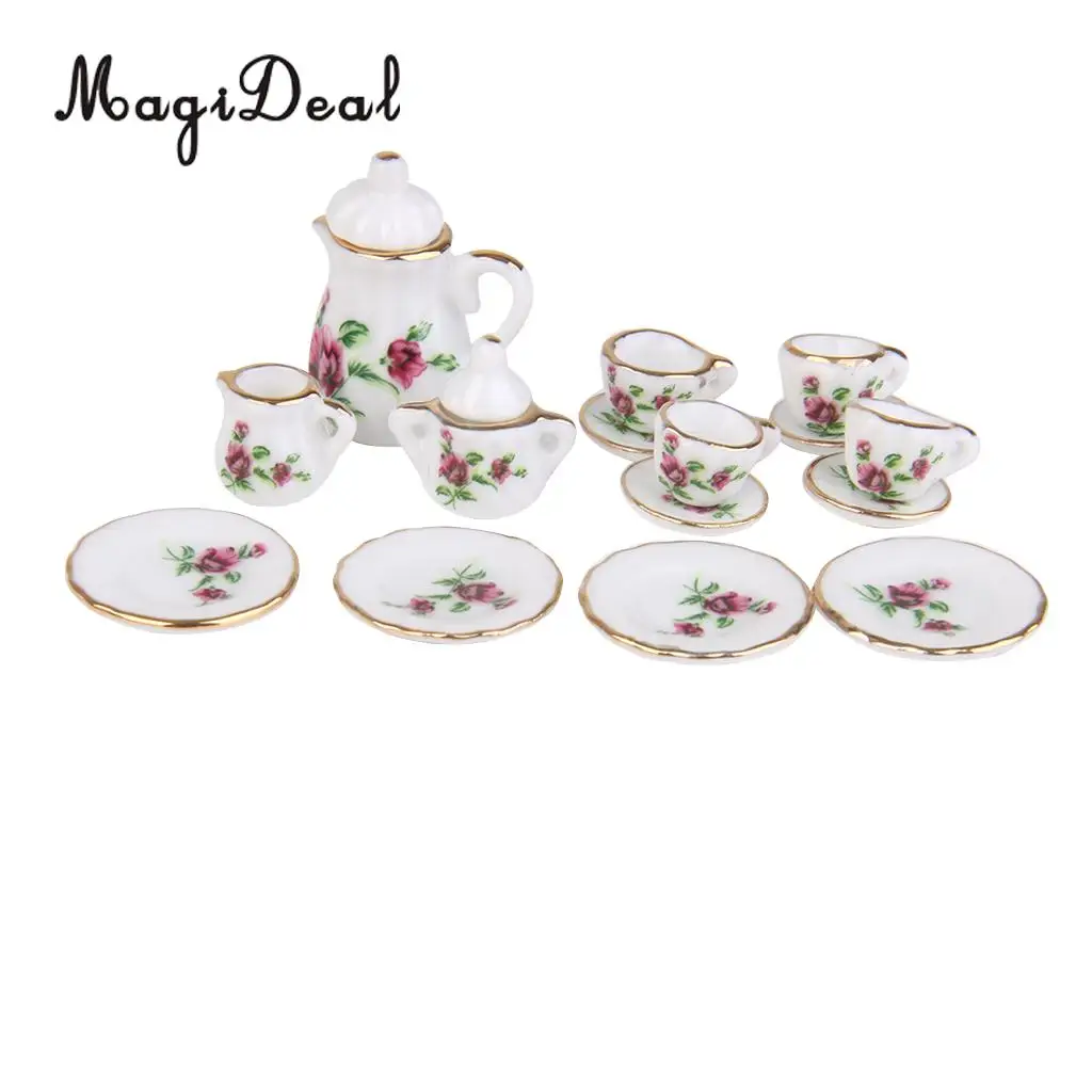 Magideal 15 قطعة/المجموعة دمية الخزف إبريق الشاي مجموعة طبق المائدة مصغرة كوب طبق الطعام وير الأحمر الفاوانيا للأطفال لعبة