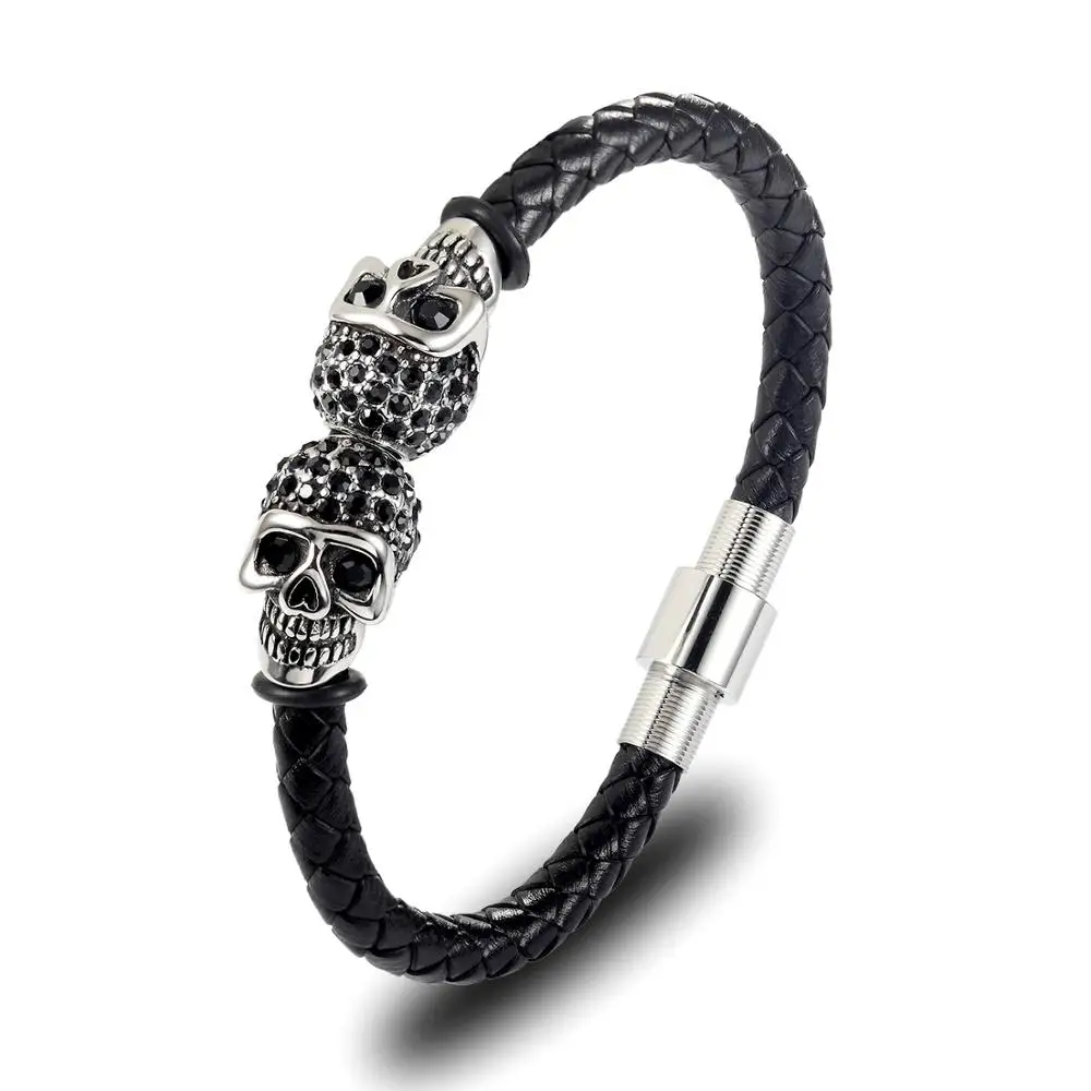 

Charm stainless steel leather braided bracelet personality men's skull bracelet leather bracelet