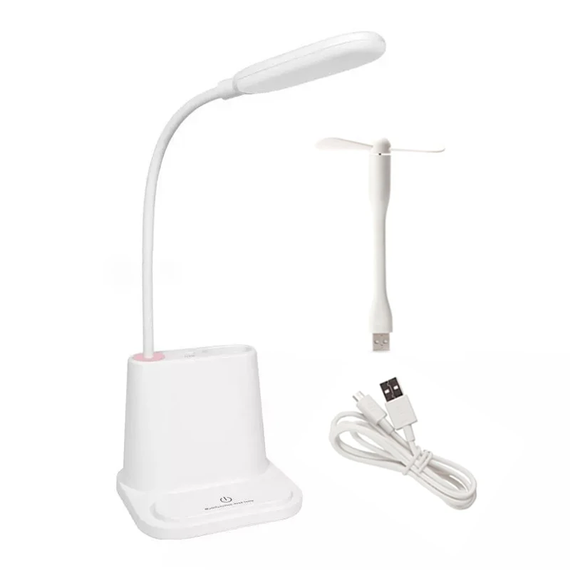 Светодиодный настольный светильник с сенсорным регулируемым освещением для глаз, Студенческая лампа для чтения, USB зарядка, многофункциональная настольная лампа для спальни, маленькая книжная лампа - Цвет корпуса: White with fan