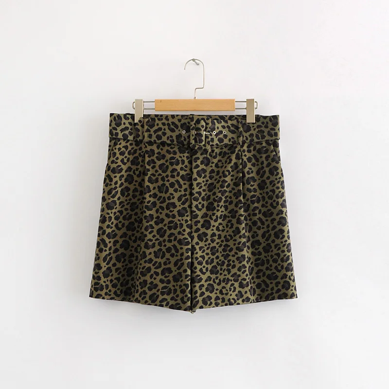 

women vintage leopard print sashes Short pants elegant ladies animal pattern zipper casual shorts chic pantalones cortos P209