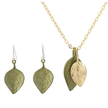 

CSxjd Vintage necklace jewelry Green and gold color leaves green paint Bronze metal necklace earring Women's wedding accessorie