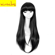 Ladys Long Straight Natural Pure Black Hair with Bangs Synthetic Wigs Halloween Makeup Party Cosplay Wigs for Women Ladys Long Straight Natural Pure Black Hair with Bangs Synthetic Wigs Halloween Makeup Party Cosplay Wigs for Women