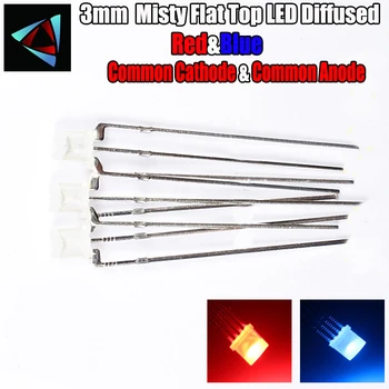 

50pcs LED 3mm Flat Top Diffused Blue And Red Common Cathode Common Anode 3 Pin Round Bi-Color Through Hole Light-Emitting Diode