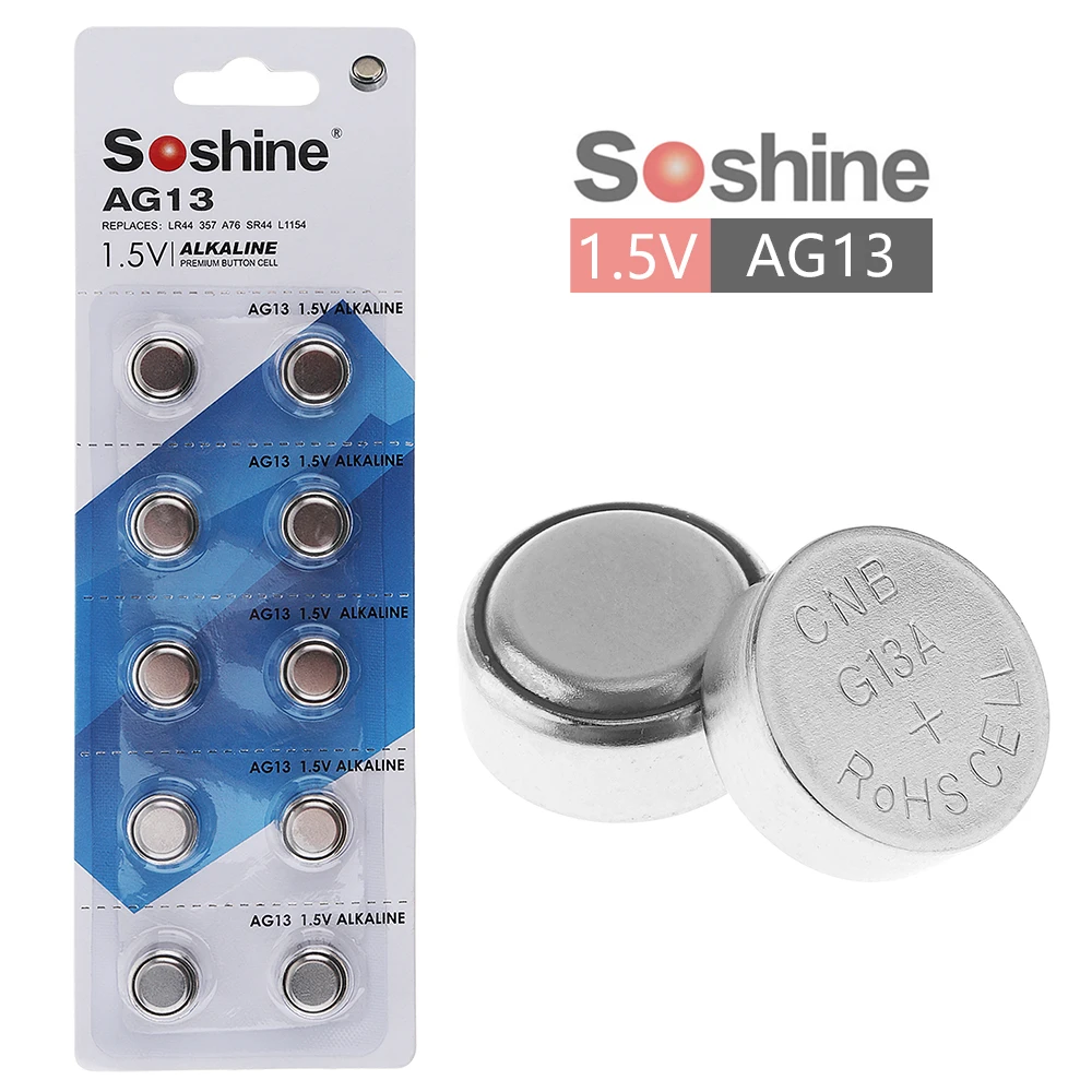 

10pcs! Soshine 145mAh 1.5V AG13 LR44 L1154 A76 Battery Alkaline Button Cell Coin Battery for Watch Clock Toy Calculator Camera
