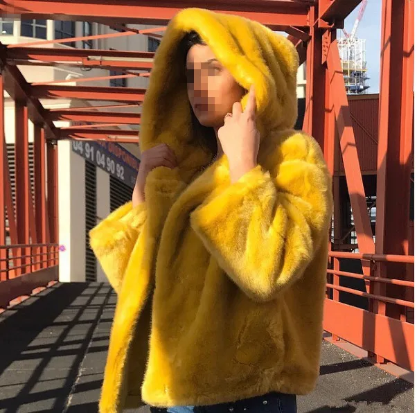 

solid yellow hooded faux fur jacket coat for women women's warm autumn winter jackets coats with hood hoodies outerwear furry