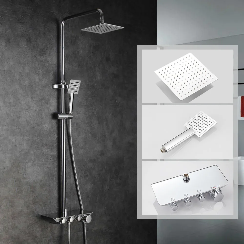 Shower Faucets Brass Chrome Faucet Square Tube Single Handle Top Rain Shower With Slide Bar Wall Water Mixer Tap 883211L