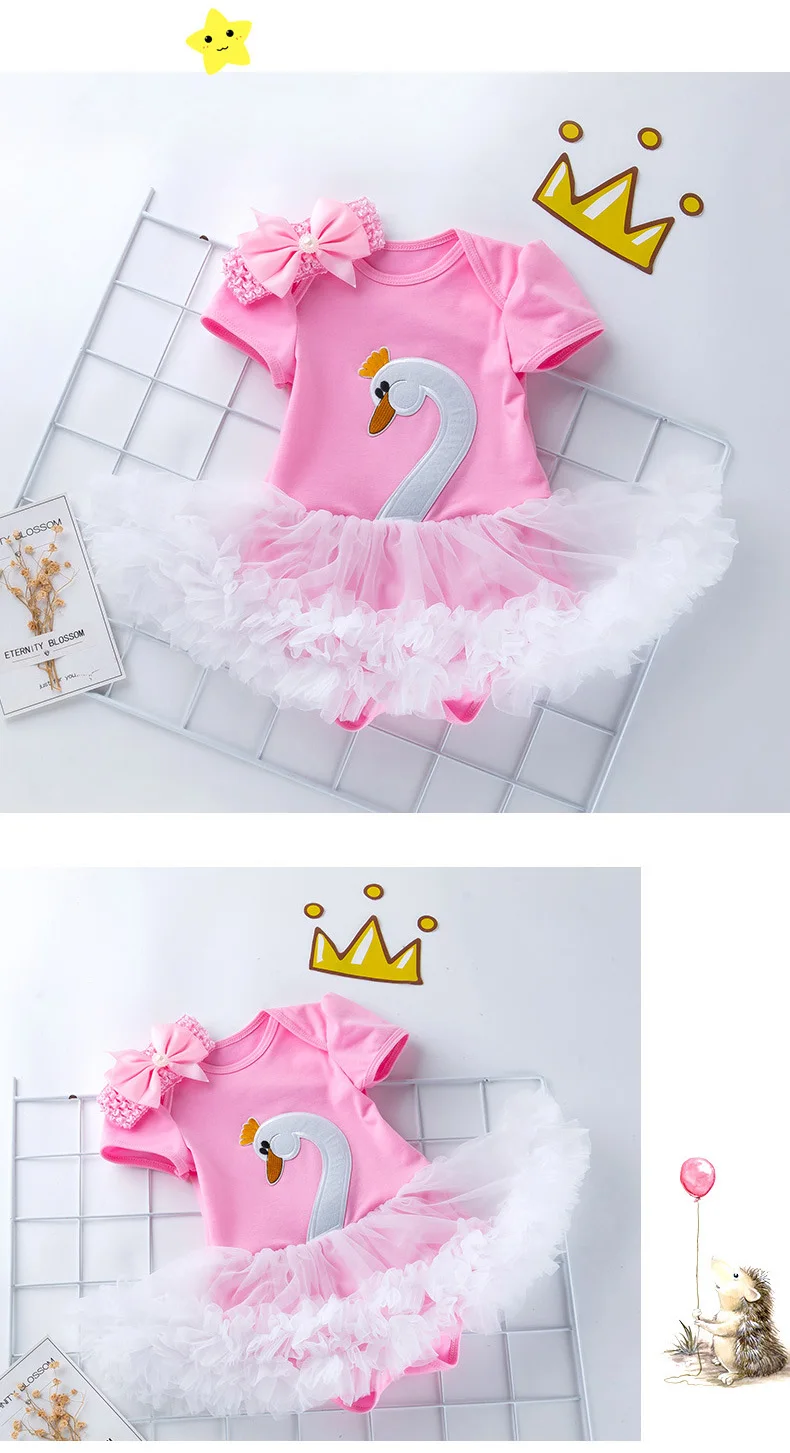 05Baby Girl Rompers Jumpsuit Dress Sets Summer Clothes Swan Short Sleeve Bowknot Headband Infant Girl Costume Kids Dress Body Baby Newborn Bodysuit Baby Girl Onesie yk024