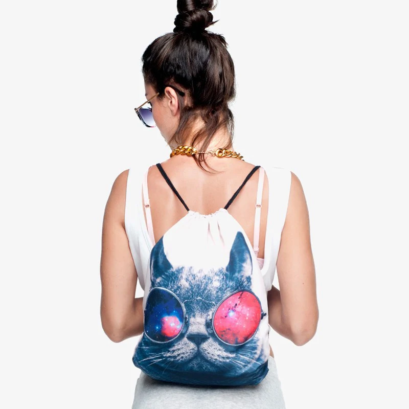 Harajuku кошка новые модные сумки Для женщин рюкзак 3D печати путешествия softback Для женщин забавные Drawstring сумка девушки