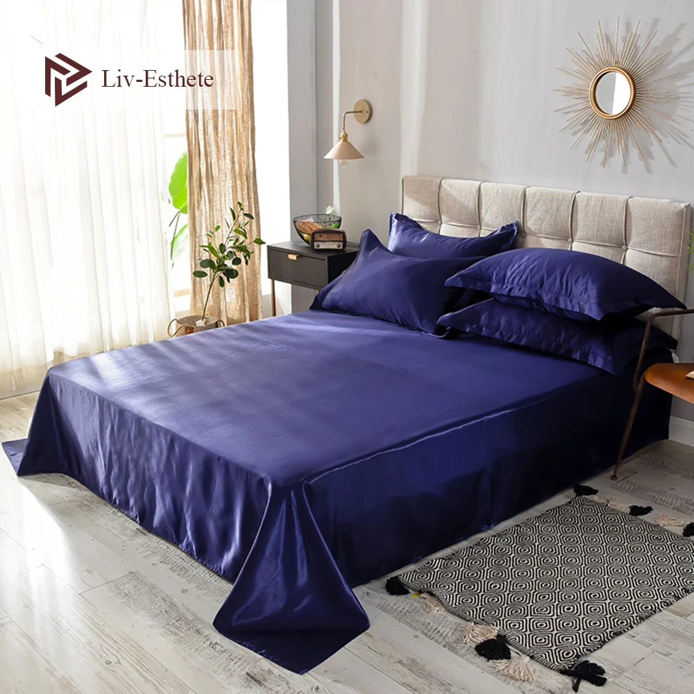 

Liv-Esthete 2019 Hot Sale Wholesale Luxury 100% Satin Silk Dark Blue 1PCS Flat Sheet Silky Queen King Bed Sheets For Women Men