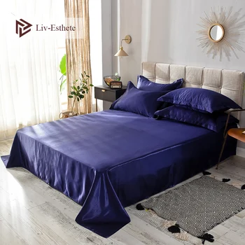 

Liv-Esthete 2020 Hot Sale Wholesale Luxury 100% Satin Silk Dark Blue 1PCS Flat Sheet Silky Queen King Bed Sheets For Women Men