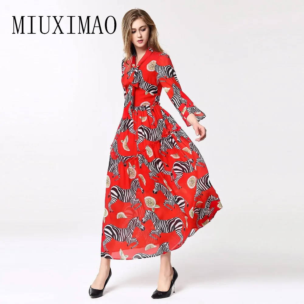 

Europe Fashion 2019 Spring Latest Elegant A-Line Bow Collar Full Sleeve Animal Print Fashion Ankle-Length Long Dress Women