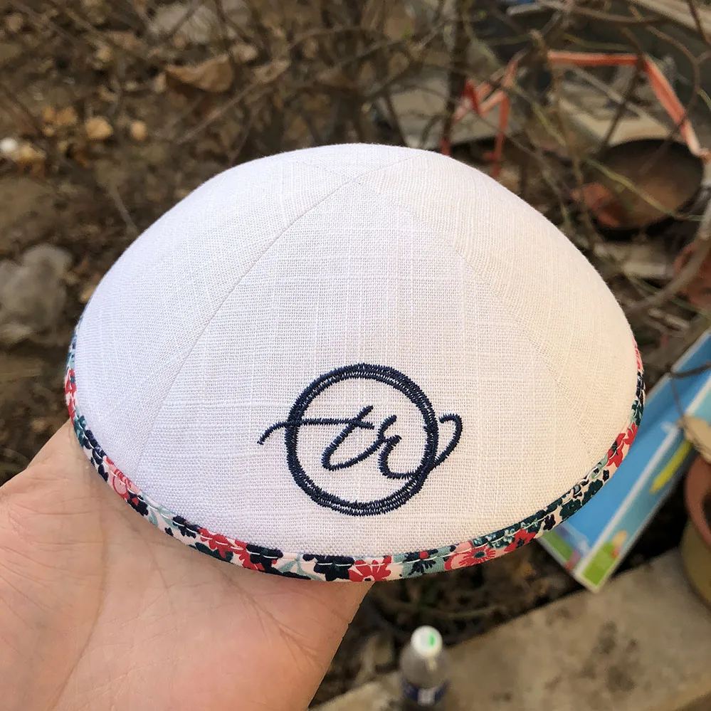 

WHITE LINEN KIPOT WITH METALLIC SILVER EMBROIDERY LOGO, KIPPOT, KIPPAH CAPS, YARMULKES, CIPA, JEWISH CAPS FOR WEDDING