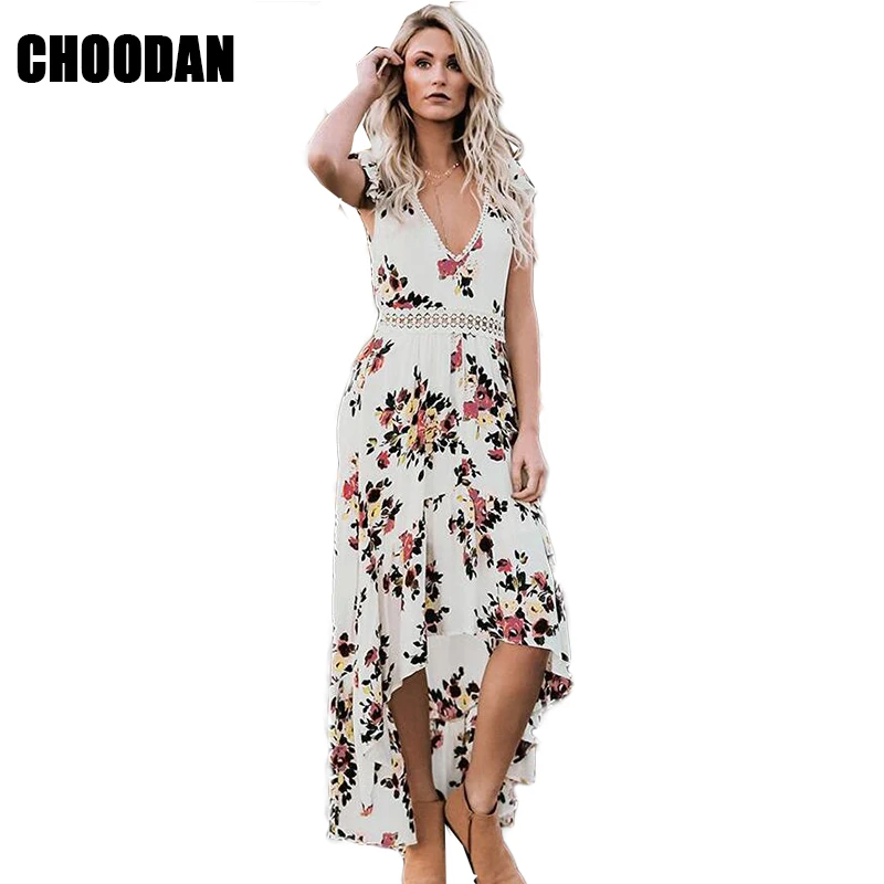 

Knee-length Tank Dress Sexy Deep V-neck Sleeveless Summer Dresses Asymmetrical 2019 Boho Floral Print Women Dress With Open Back