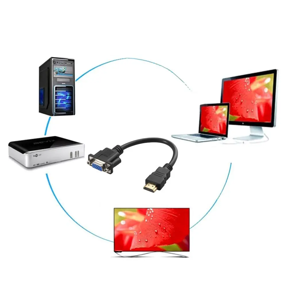 

HDMI Male To VGA D-SUB 15 pins Female Video AV Adapter Converter Cable For HDTV Set-Top Black Durable Lightweight