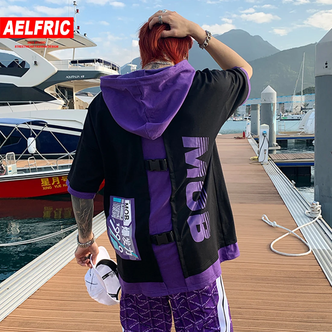 

AELFRIC Hip Hop Streetwear Cargo Design Mens T Shirt Harajuku Patchwork Fashion Hooded Tops Casual Cotton Oversized Short Sleeve