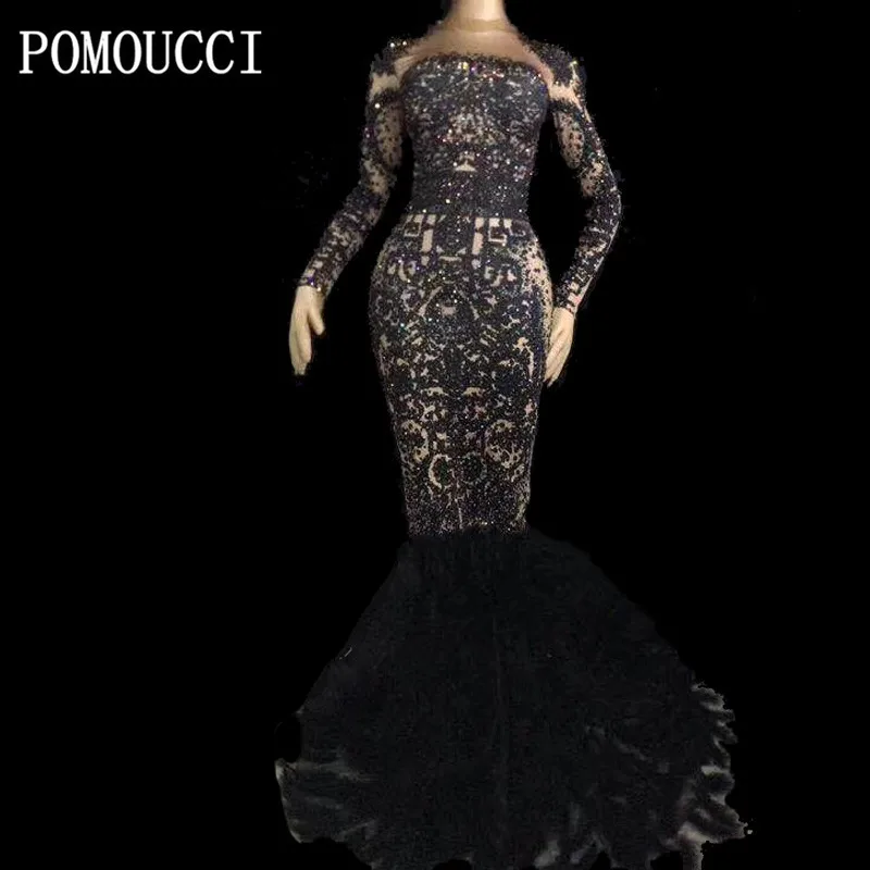 

Women New Sexy Black Feather Long Dress Sparkling Rhinestone Nightclub Party Stage Wear Dancer Singer Show Time Bling Costumes