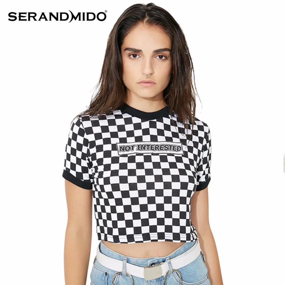 Serandmido Sexy T Shirts For Women Black White Plaid Summer Crop Tops