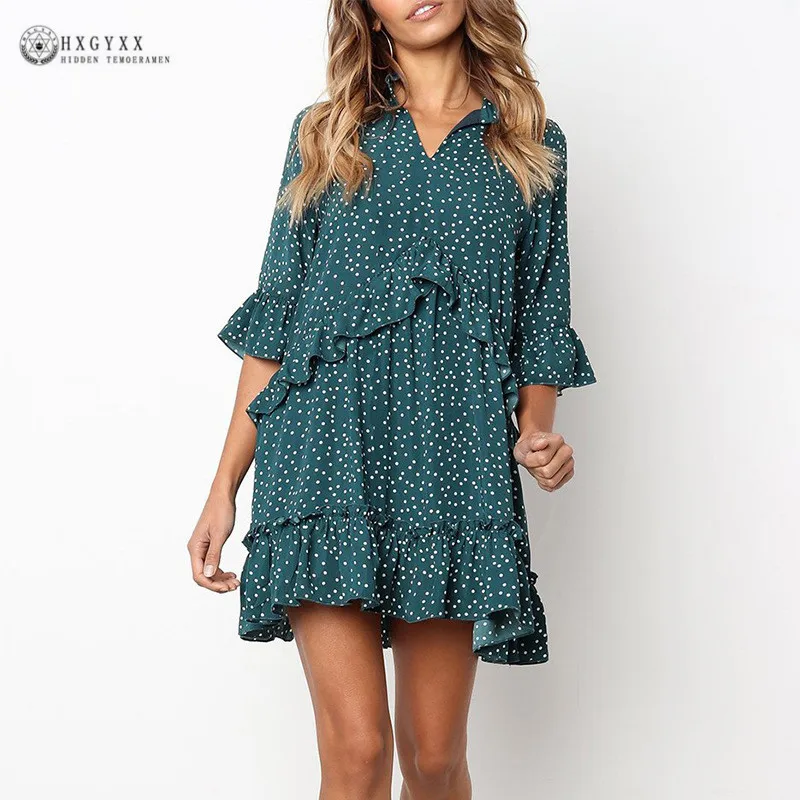 

Summer Beach Chiffon Dress Women Casual Flare Sleeve Polka Dot Boho Mini Party Dresses Ruffles V-neck Sundress Vestidos B200