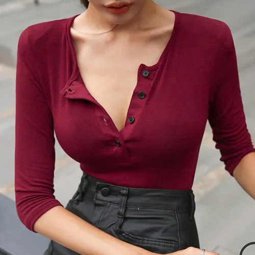 

red New Autumn Cotton Women Basic TEE Female Casual Tops Long Sleeve Sexy Tps buttons V neck футболка женская
