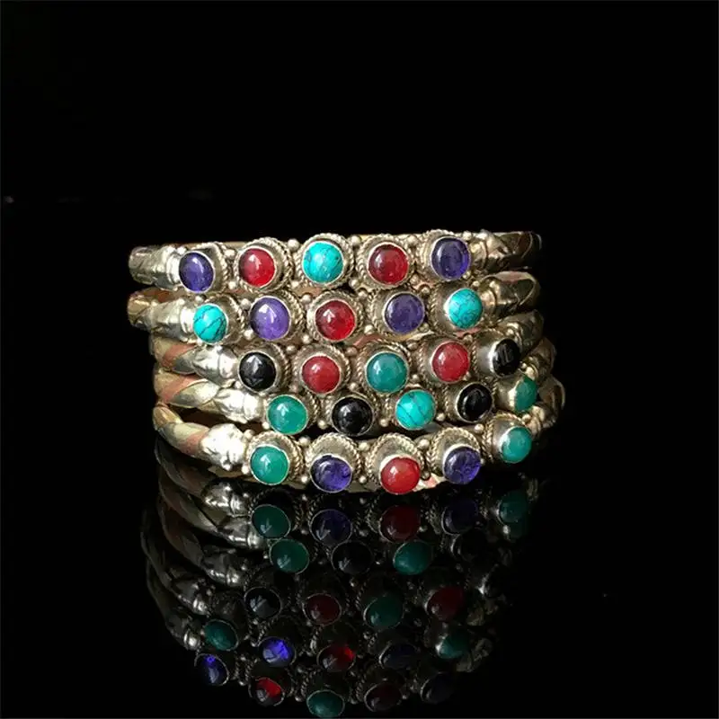 

BB-273 Mix Wholesale Vintage Rose Copper Inlaid Mixed Beads Open Cuff Bangles Slim for Girls 10pcs lot Free shipping