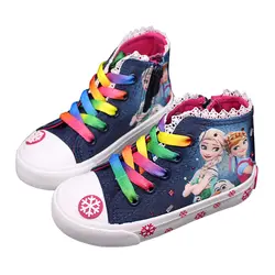 Демисезонный девочек детская обувь из тканого материала шнуровкой ботинки детская обувь высокого типа для детские джинсовые
