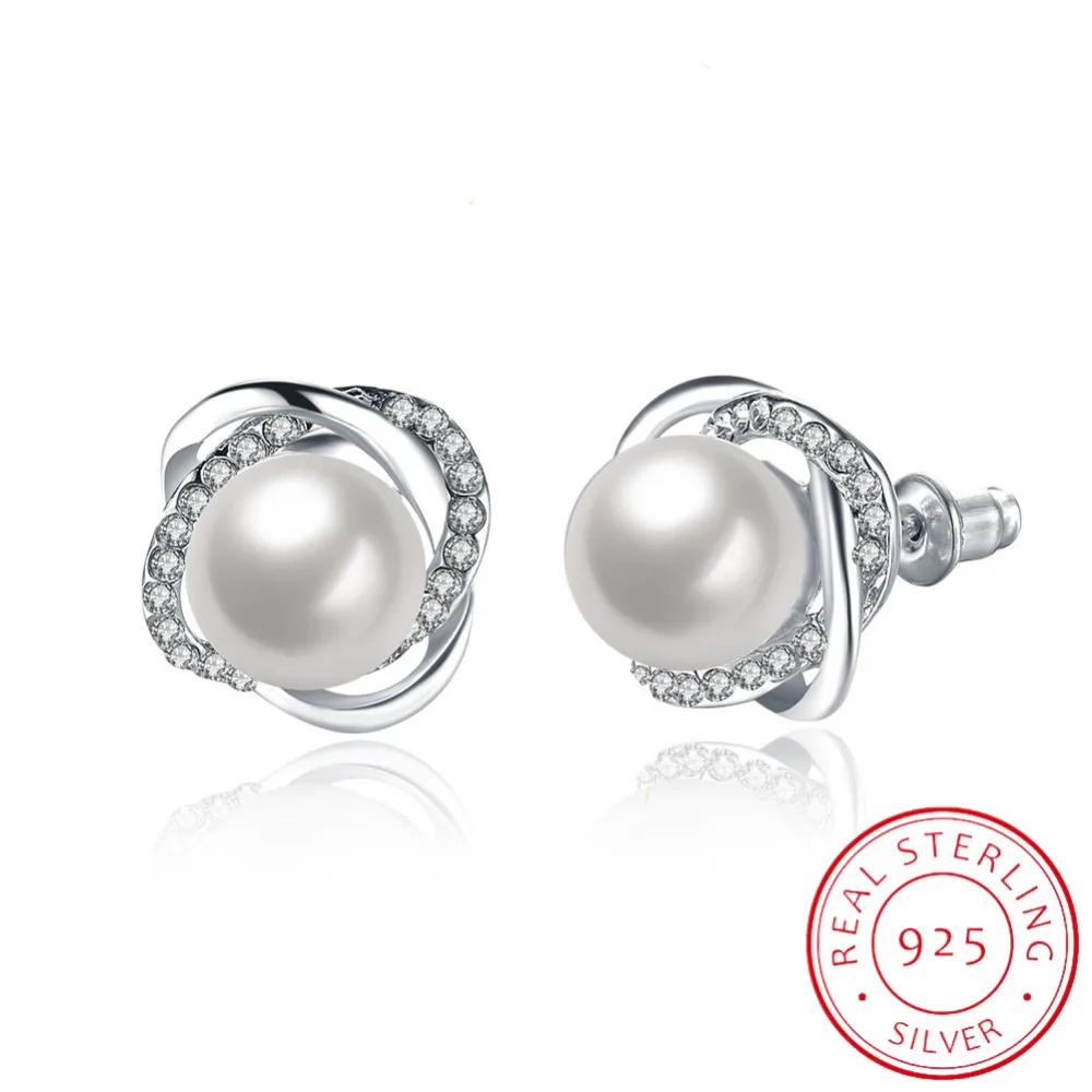 

LEKANI 2017 New 925 Sterling Silver Fine Jewelry White Crystal Pearl & Clear Cz Luminous Love Knots Stud Earrings Elegant Women