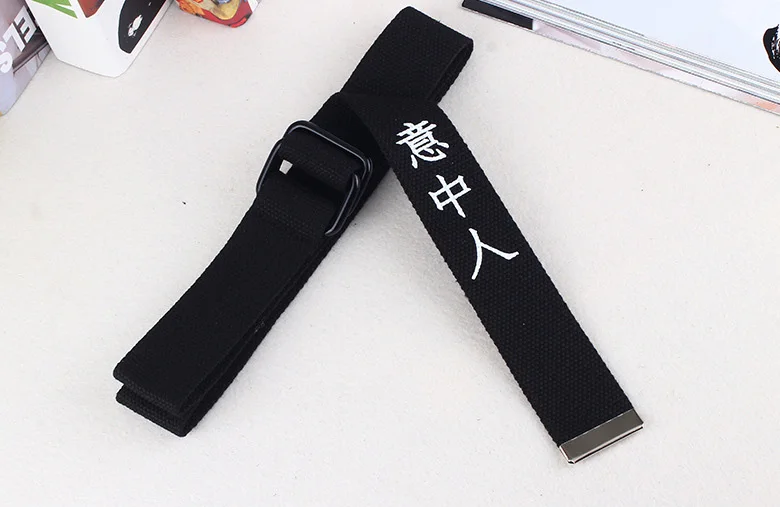 Black White Canvas Belt For Men Women Jeans Chinese Characters Personality Double Ring Buckle Belt Casual white Waistband Z3