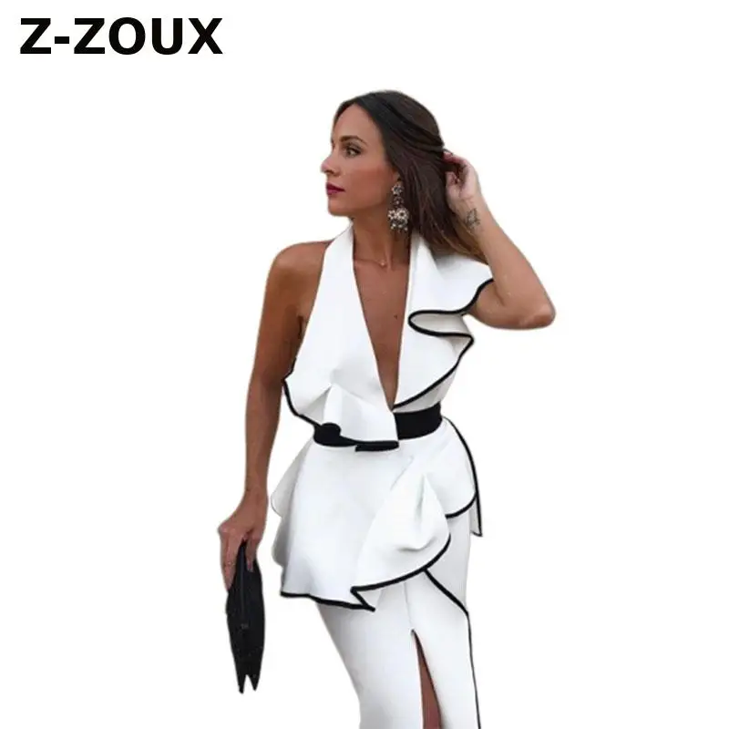 

Z-ZOUX Women Dress Deep V Neck One Shoulder Dress Ruffles Split Backless Long Sexy Party Dresses High Waist White Summer Dresses