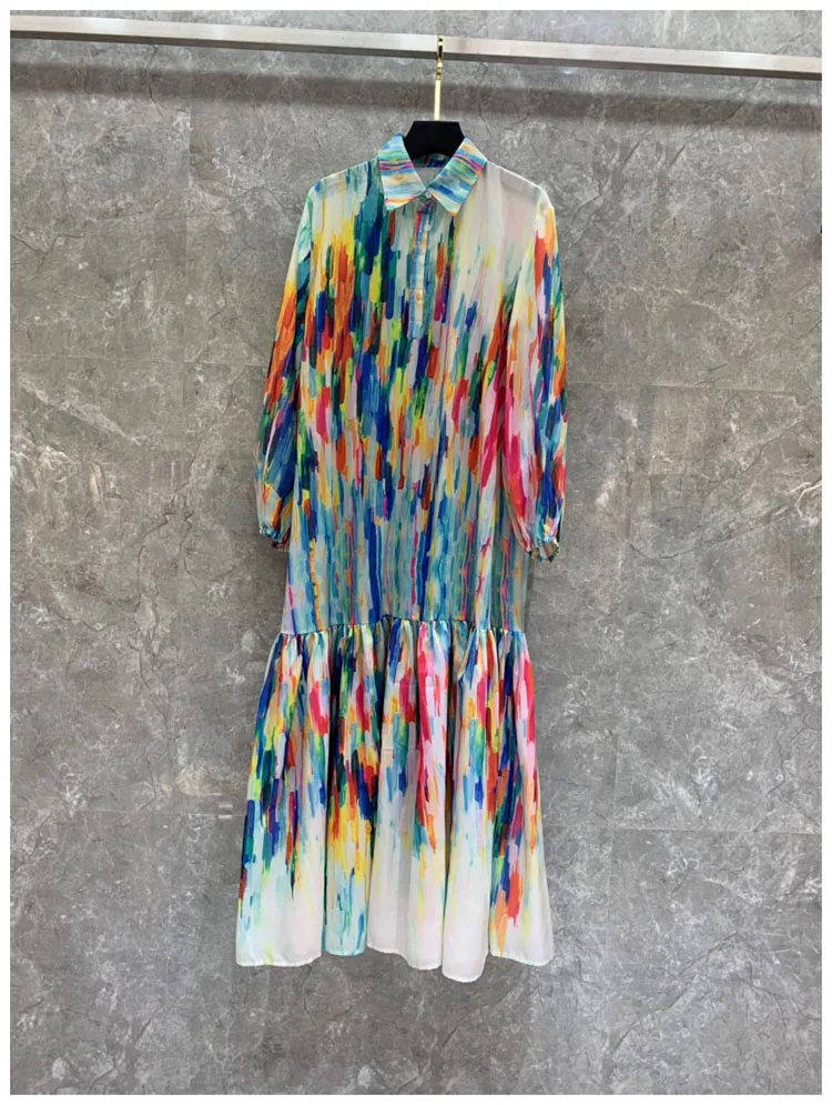 

Rainbow Printing Women Colorful Party Dress Long Sleeved Turn Down Collar Big Rufflus Plus Size Dress Female vestidos