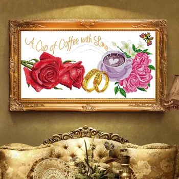 

Love Flower Cross Stitch Kits Cup of coffee Printed patterns bedroom Fabric Embroidery Needlework set Easy Cross-stitch Handmade