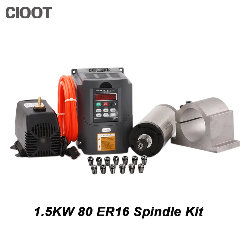 

2017 Real Spindle 1.5kw Water Cooled Spindle Cnc Motor 80mm + 220v Vfd/ Inverter +80mm Clamp +75w 3.2m Pump +5m Pipe +1set Er16