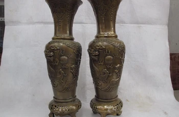 

Chinese Royal Copper Bronze Feng shui Dragon Phoenix Bead Bottle Pot Vase Pair