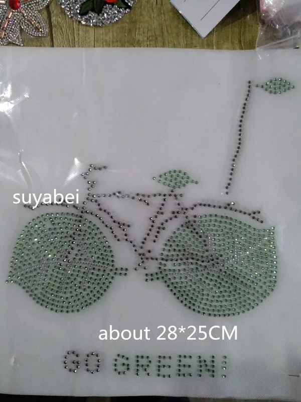 

2pc/lot Go green bike hot fix sticker iron on transfer patches hot fix rhinestone motif designs iron on applique for shirt