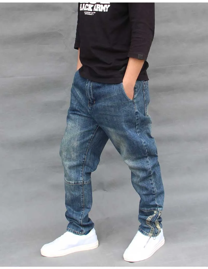 Хип хоп шаровары джинсы для мужчин Свободные мешковатые Лоскутные Джинсовые штаны боковые полосы размера плюс мужская одежда джоггеры брюки