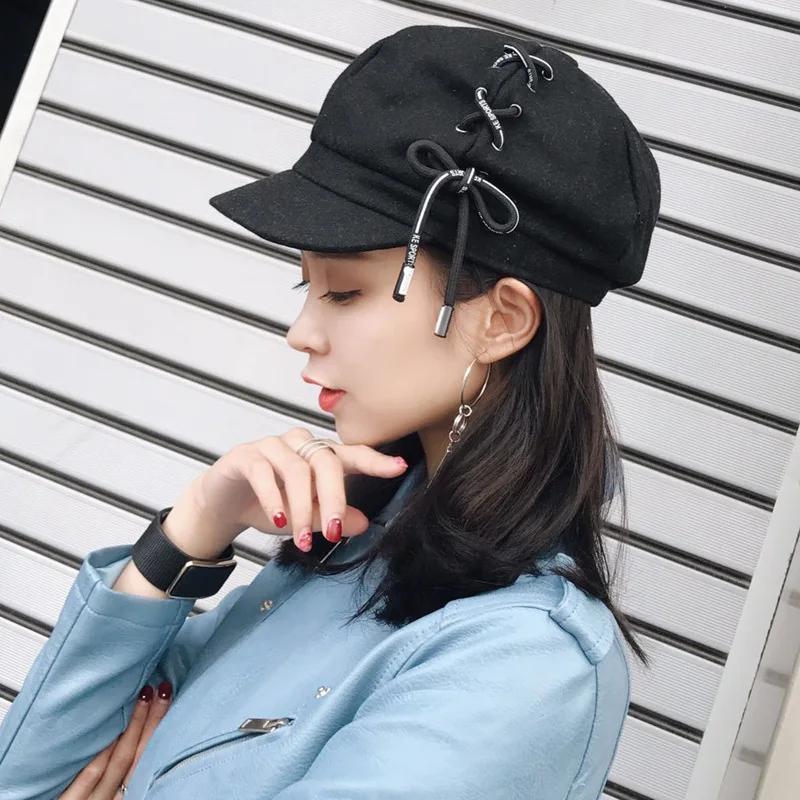 

Woman Chamois Octagonal Hats New Korean Personality Shoelace Suede Beret Lovers Fashion Joker Autumn And Winter Painter Hat
