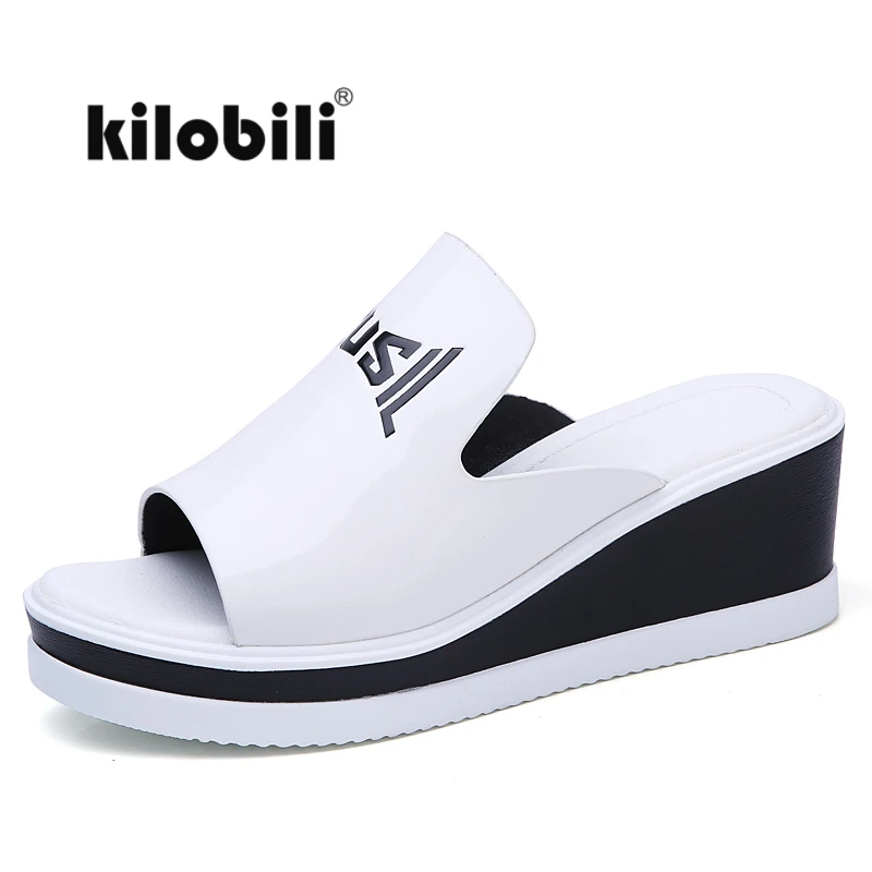 

kilobili 2018 Summer Women Mules slippers Wedge Platform Patent Leather High Heels Ladies Sandals White slides Shoes flip flops
