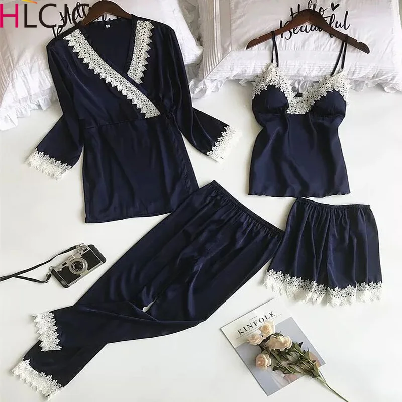 

2019 Satin Pajamas Women Sleepwear With Chest Pads Sexy Lace Embroidery Pyjamas Women Female Sets Home Wear Pijama 4 Piece