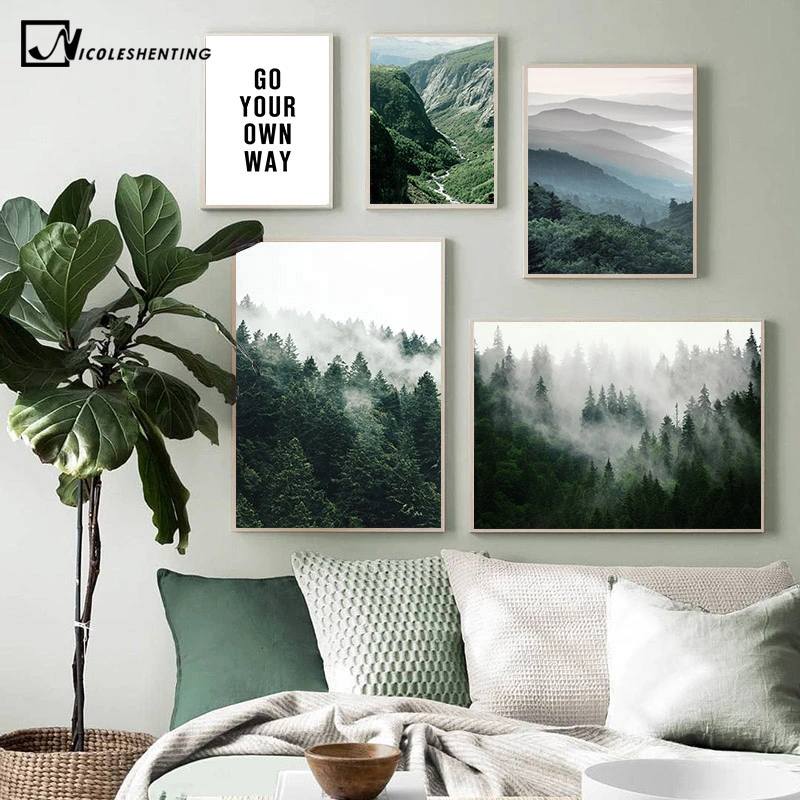 Pink Foggy Photography Mountain Poster Foggy Mountain Print Forest Fog Print Scandinavian wall art Nordic Nature Print Minimal Art
