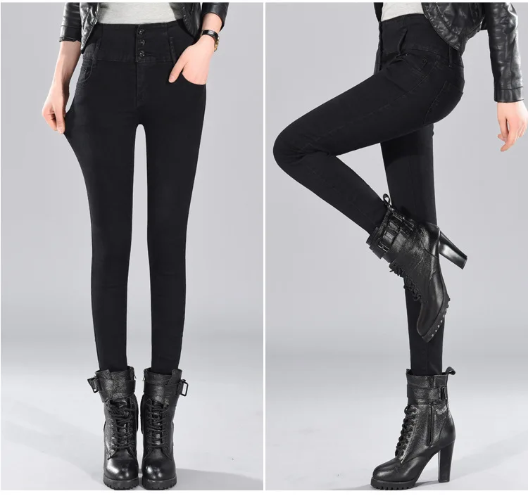 Зимние черные расклешенные джинсы, джинсы для женщин в стиле бойфренд, брюки, плотные теплые обтягивающие джинсы для женщин с высокой талией, узкие брюки