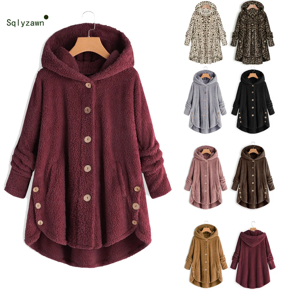 

Teddy Outwear Coat 2019 Long Sleeve Hooded Plush Coat Autum Cotton Fur Hoodies Feamle Warm Pocket Button Coat Plus Size S-5XL