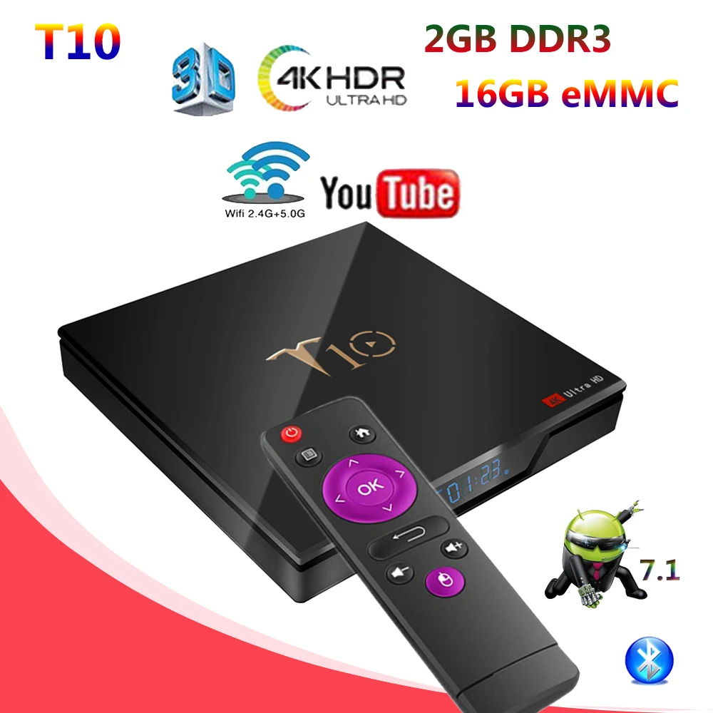 T10 TV Box  Android 7.1 2GB DDR3 16GB Amlogic S905W Quad Core Media Player 2.4G Wifi 4K HDR10 Smart Set Top Box (H96 X96S TX6)