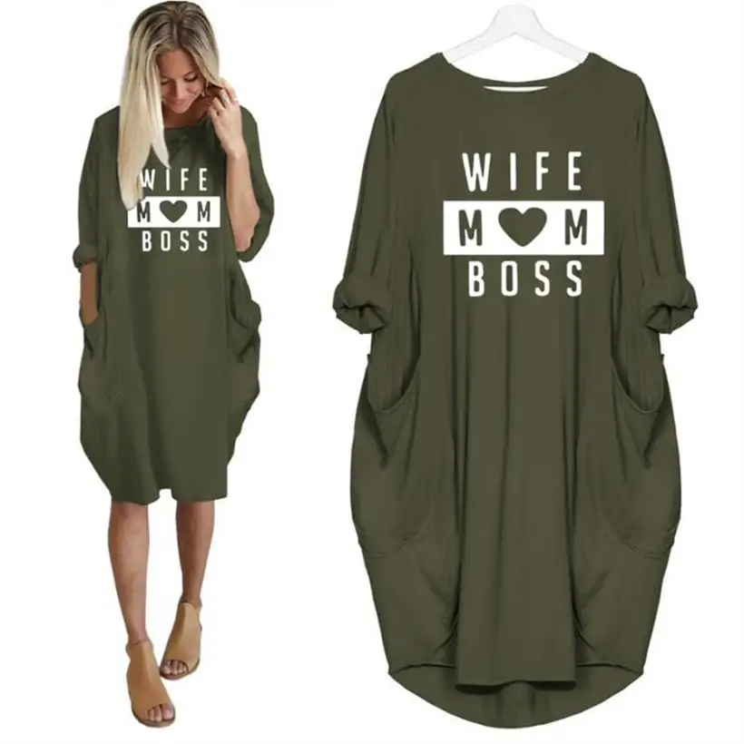 

Wife Mom Boss Heart Print Pocket Dress Female Harajuku Loose Long Sleeve Mother Gift Vintage Summer Dress Women Femme