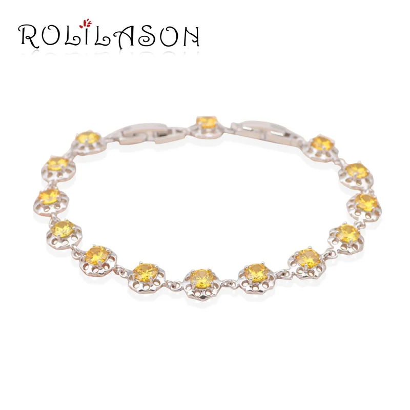 

ROLILASON simple yellow crystal Zircon Silver chain Bracelet Health vacation item Fashion jewelry TB657
