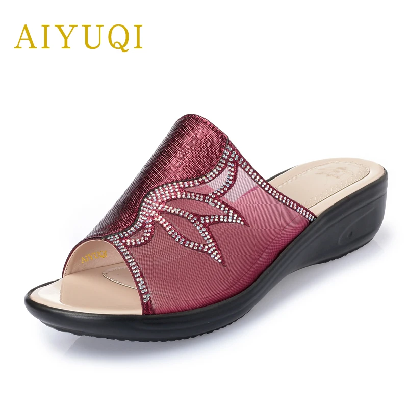 

Plus size 41#42#43# wear women's slippers 2019 summer new genuie leather women's slippers flat bottom mother slippers shoes wome