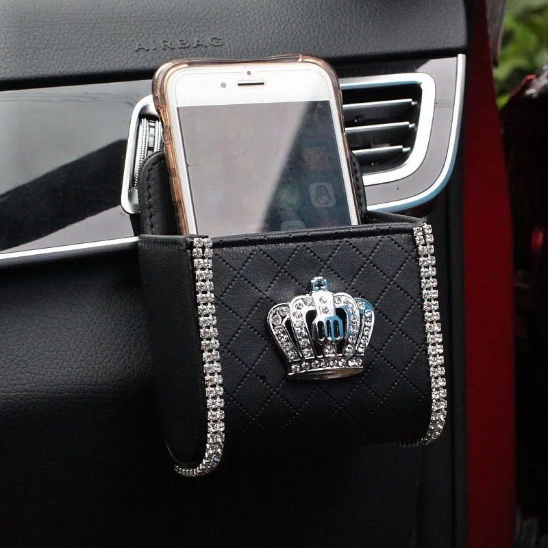 Diamond Crown Car Organizer Box Bag Air Vent Hanging Crystal Leather Universal Car Mobile Phone Holder Auto Interior Accessories 2