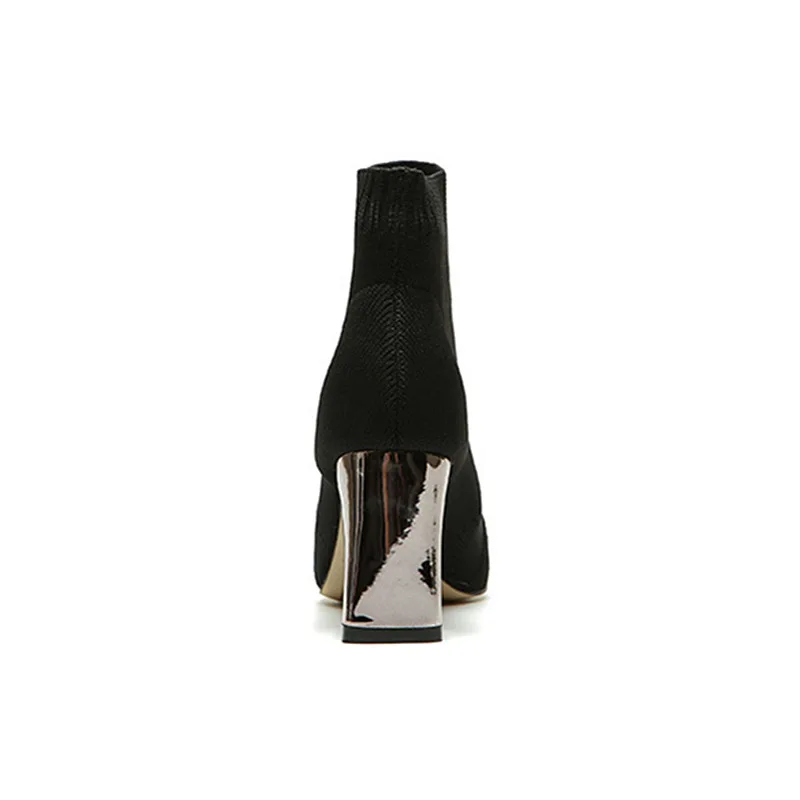 Cena Moda kobiety zimowe buty czarne śnieg buty kobiety kwadratowe obcasy kobiety Pointed Toe damskie botki skarpety buty Plus rozmiar K 187