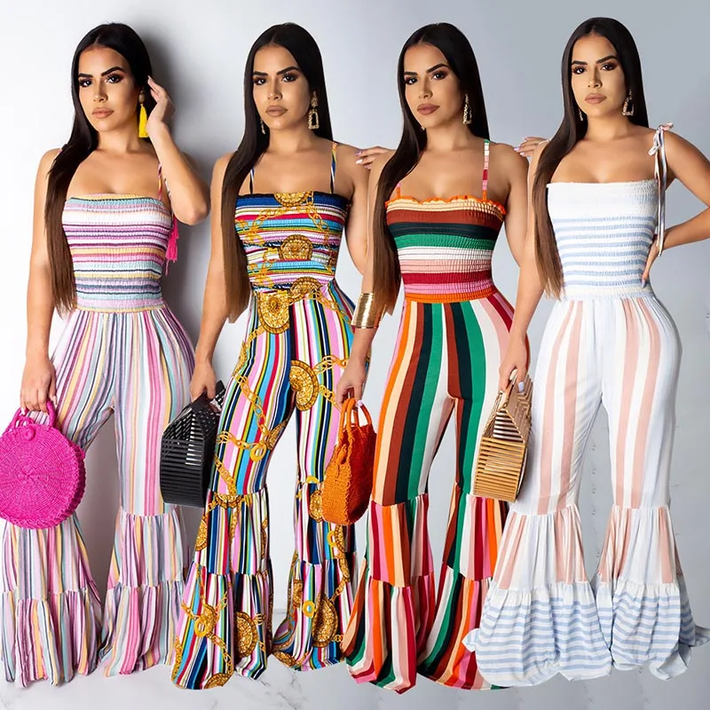 Echoine Spaghetti Straps Jumpsuit Colorful Striped Boot Cut Pants Playsuit Rompers Womens Jumpsuit Overalls Plus Size 2XL Echoine Spaghetti Straps Jumpsuit Colorful Striped Boot Cut Pants Playsuit Rompers Womens Jumpsuit Overalls Plus Size 2XL