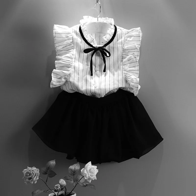 2018 summer short skirts black petal sleeve stripe t-shirts shorts sweet 2pcs girls kids summer clothes 2018 summer short skirts black petal sleeve stripe t-shirts shorts sweet 2pcs girls kids summer clothes