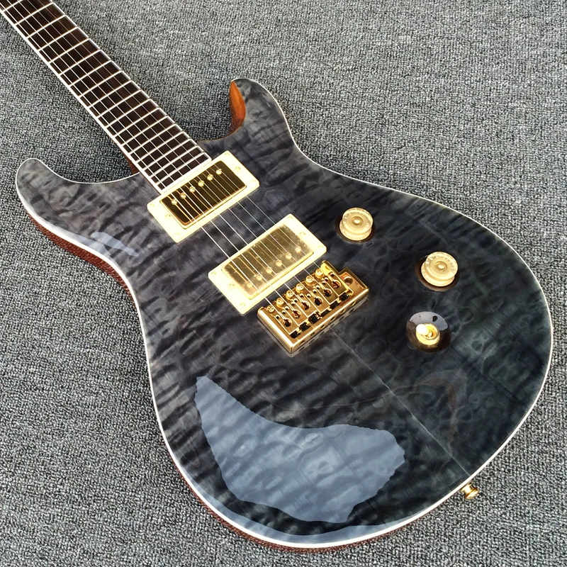 

New Electric Guitar with Transparent black Quilted Maple top, Mahogany Body & Neck, Rosewood fretboard Guitarra, Golden Hardware